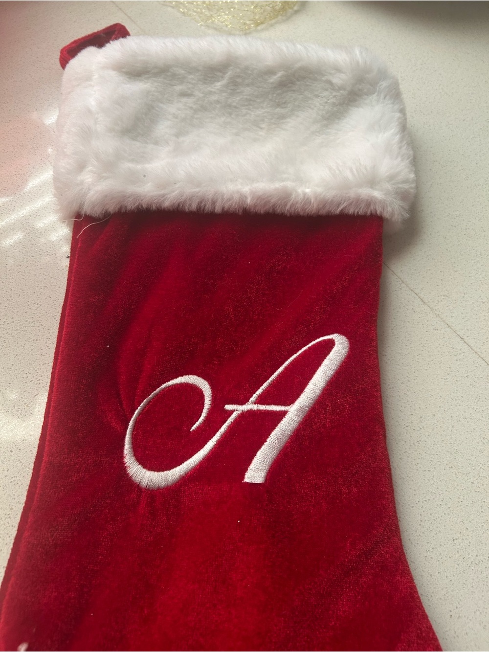 Red Velvet Holiday Stocking with White Faux Fur Cuff - Monogram A